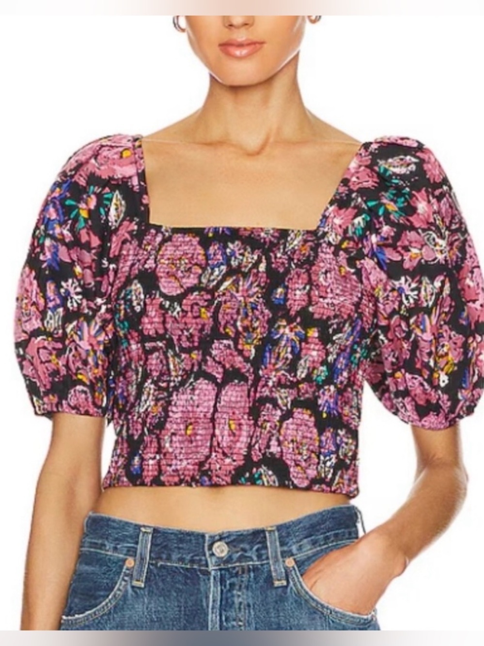 Cleobella Eva Pink Floral Smocked Square-Neck Crop Top